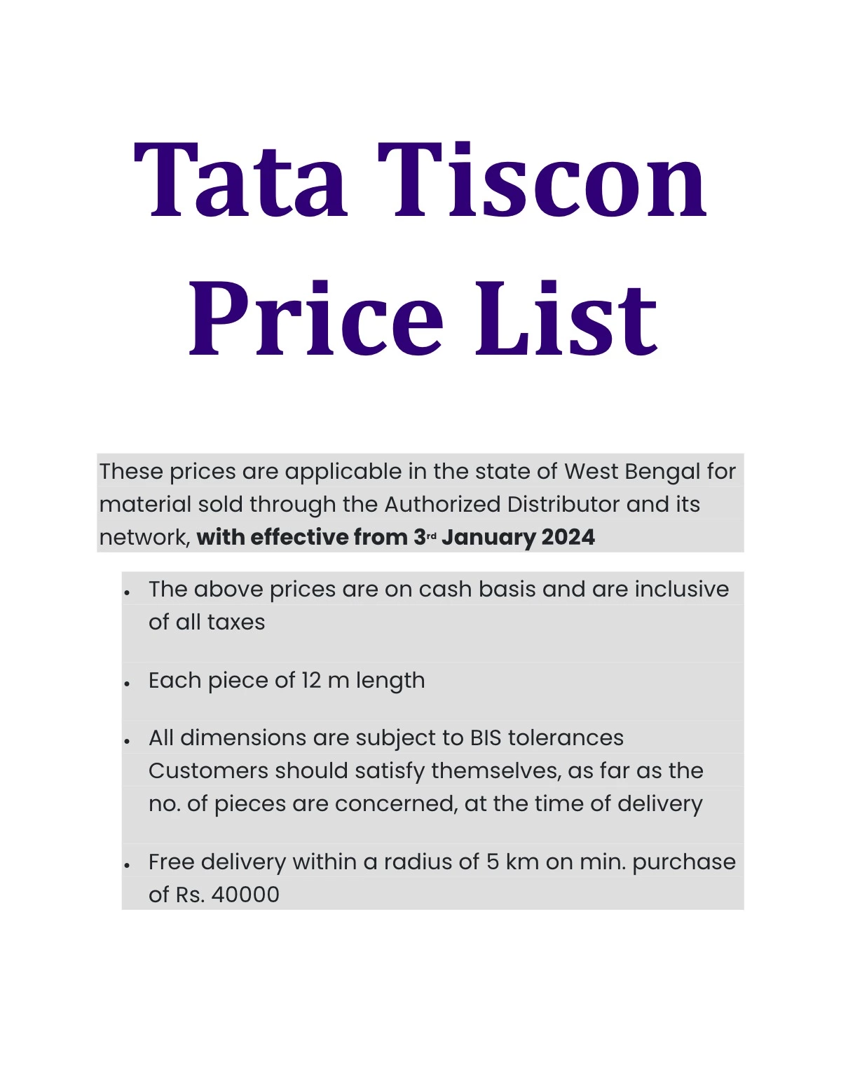 Tata Tiscon Price List State Wise